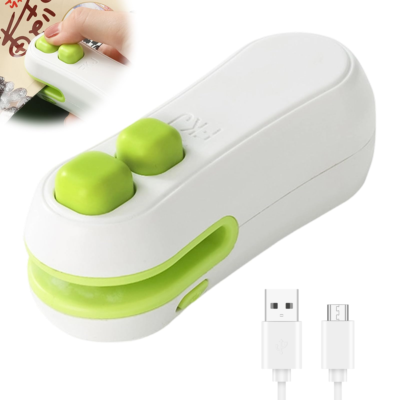 Mini sellador de bolsas, sellador de bolsas 2 en 1 actualizado 2025, sellador de bolsas de mano recargable con cortador e imán para aperitivos, bolsas de plástico, almacenamiento de alimentos, viajes