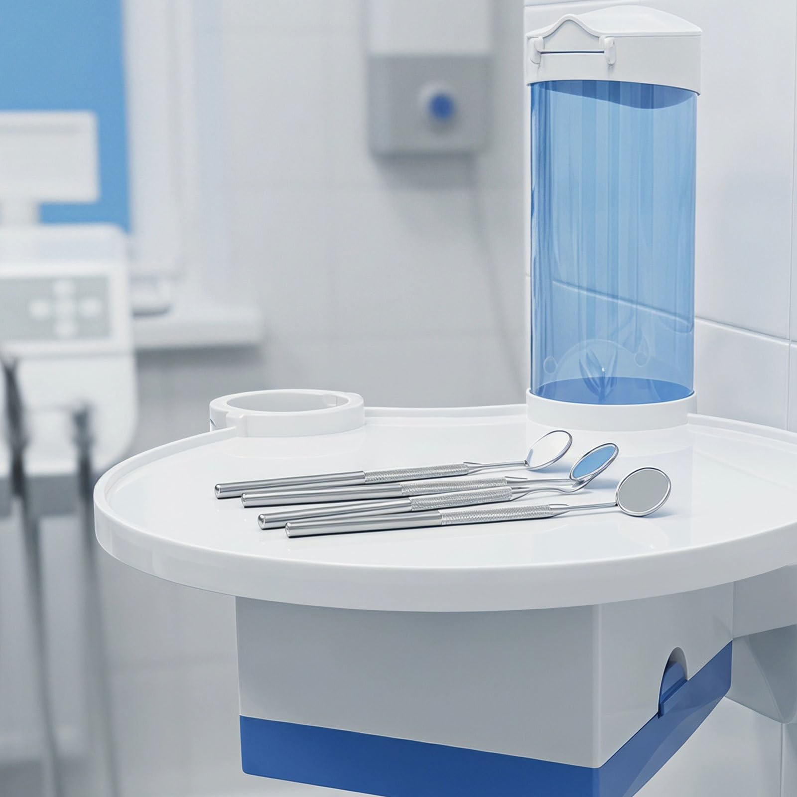 Lurrose Tacka na kubek do fotela dentystycznego – niebieski plastikowy uchwyt na kubek z wodą – 3 w 1, pojemnik na sprzęt stomatologiczny do stanowiska operatora i gabinetów zabiegowych