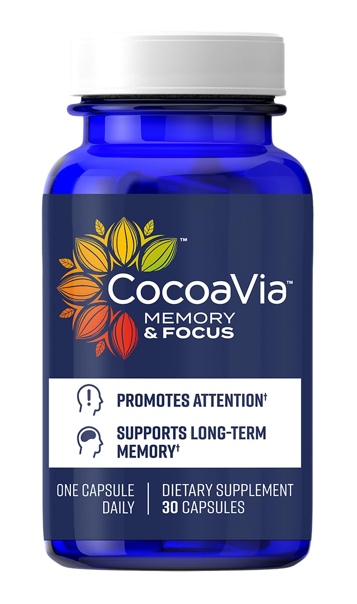 CocoaViaMemory & Focus Brain Supplement, 30 Day, Cocoa Flavanol Blend, Lutein, Added Caffeine for Boost. Improve Cognitive Function, Attention, Vegan & Plant Based, 30 Capsules