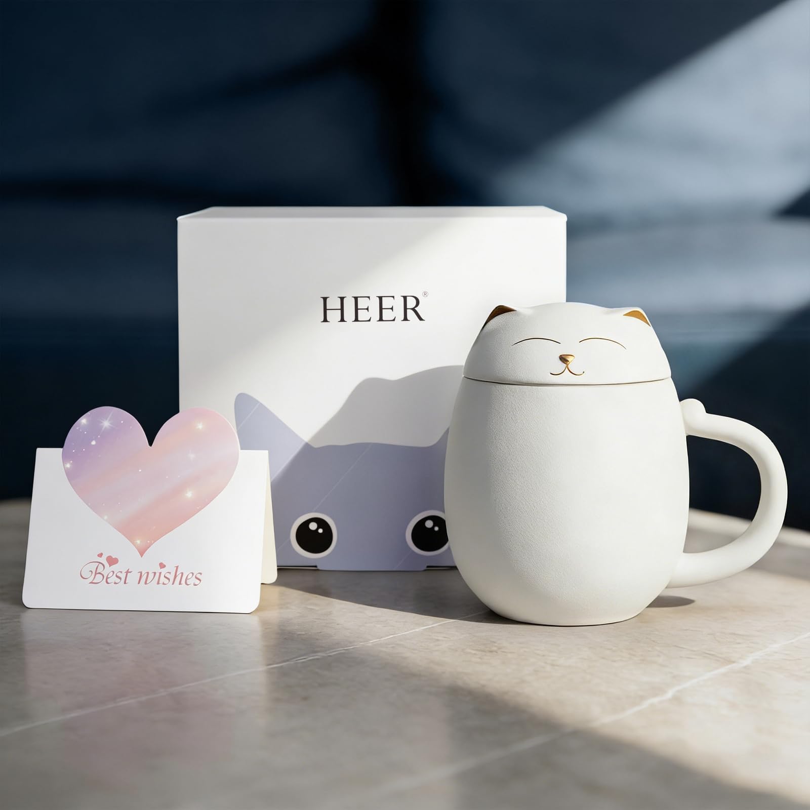 HEER Tasse à thé en céramique avec infuseur et couvercle, tasse à thé en forme de chat mignon avec filtre pour infuser les feuilles en vrac, tasse à thé chinoise faite à la main pour la maison et le
