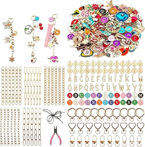 Thmxit 537PCS Gold Charms Lip Gloss Keychain Making Kit, DIY Bag Charm Kit Including 198 Charms, 24 Keychain Clips, 25 Extender Chains, Key Chain Making Kit for Custom Keychains, Valentines Gifts