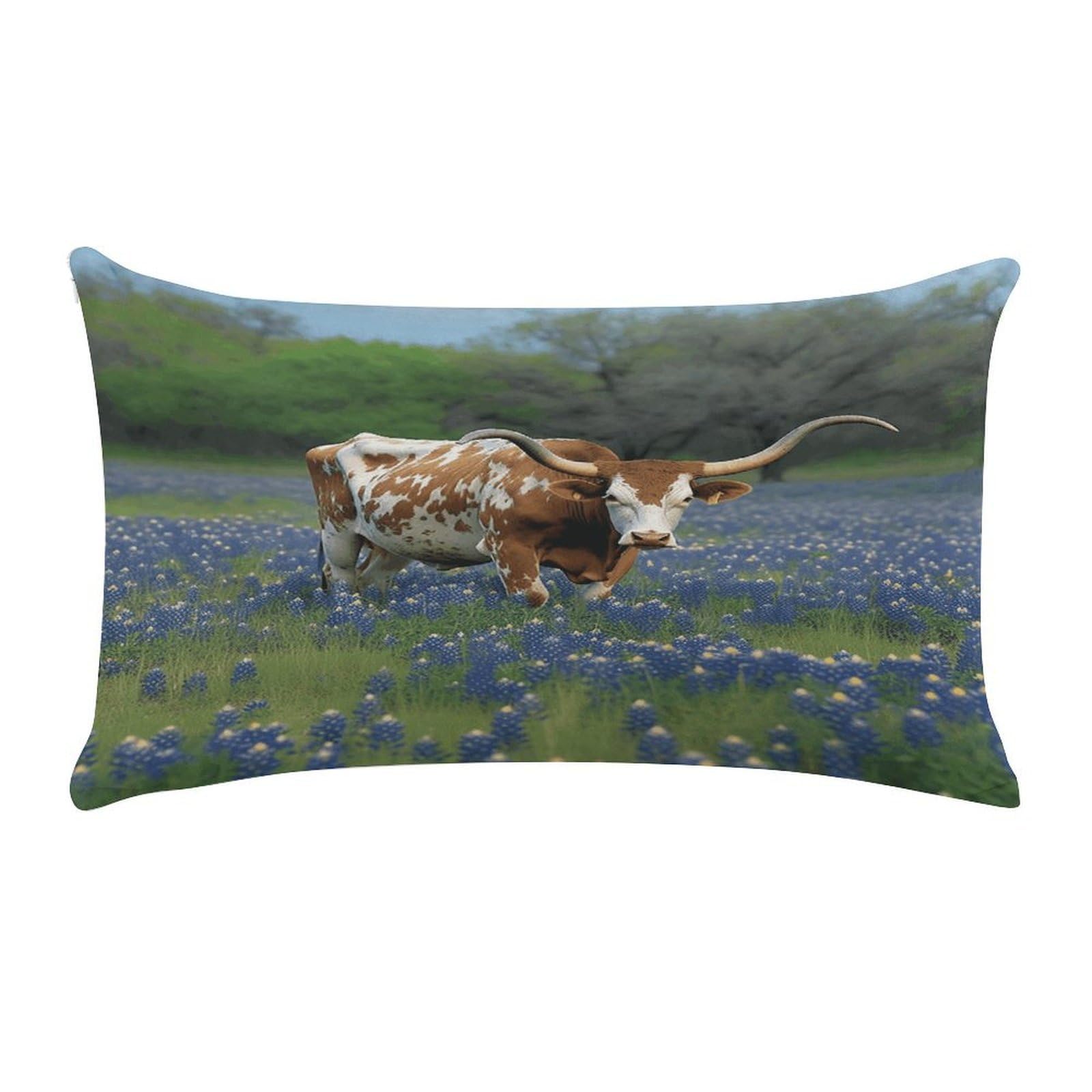 VstaDank Bluebonnet Longhorn Throw Pillow Cover Rectangular Lumbar Throw Pillow Case Soft Farmhouse Accent Decorative Cushion Cases Short Plush Pillowcase with Zipper 12 X 20 Inch