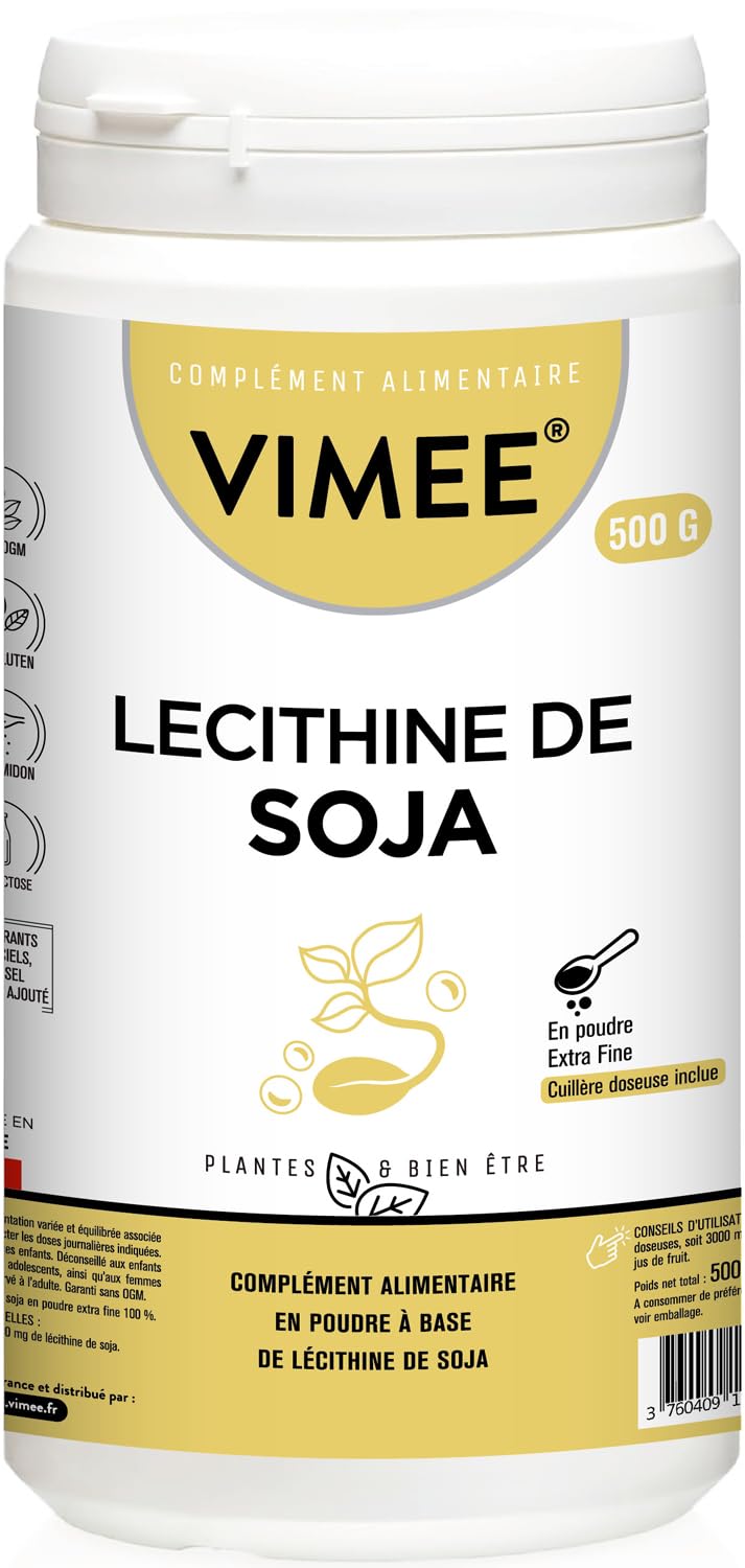 Lécithine de Soja en Poudre Vimee - Complément et Additif Alimentaire à Base de Phospholipides de Soja - Foie, Cerveau - 500 G - 500 Jours