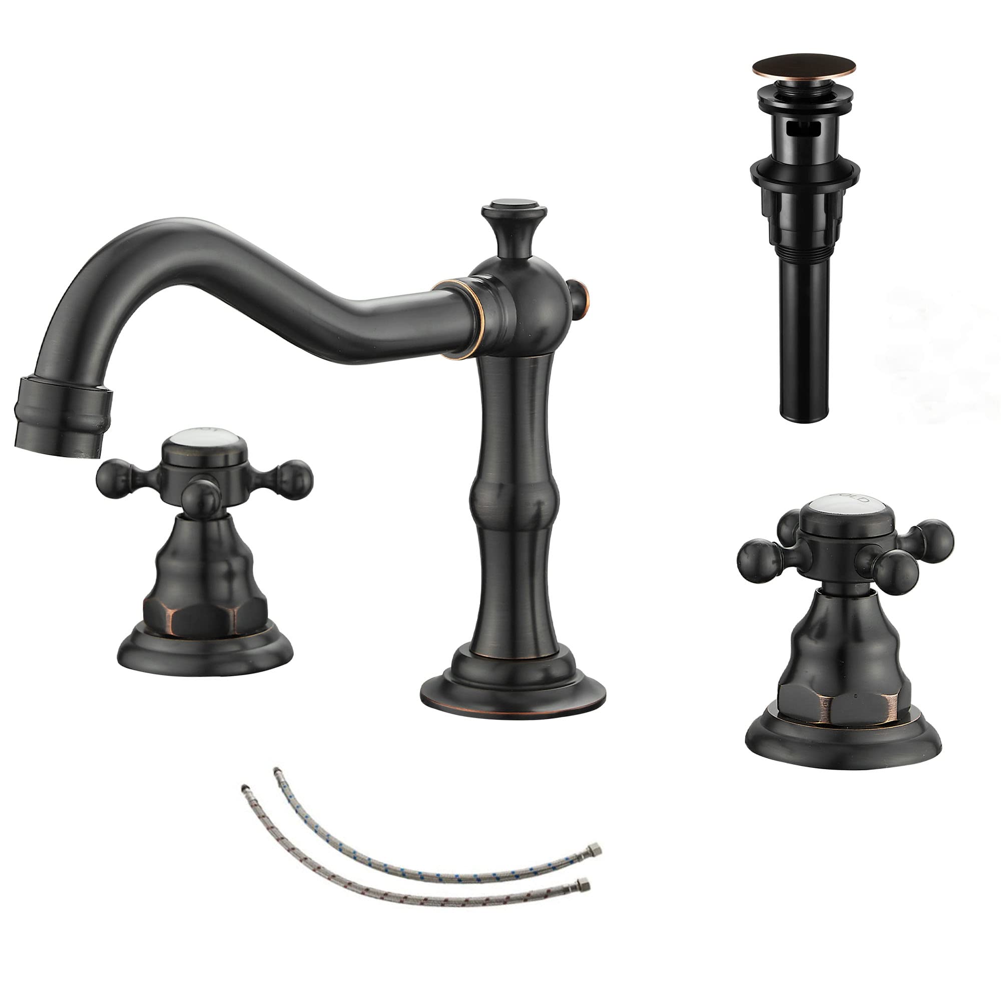GGStudy 2 Handles 3 Holes Faucet Widespread Bathroom Sink Faucet Oil Rubbed Bronze Basin Tap Mixer Supply Hose Included Matching Pop Up Drain