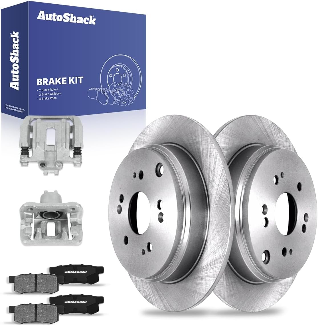 AutoShack Rear Solid Brake Rotors + Ceramic Pads + Calipers 8-PC Brake Kit Replacement for 2007-2016 Honda CR-V 2013-2018 Acura RDX 11.99" (304.6 mm)