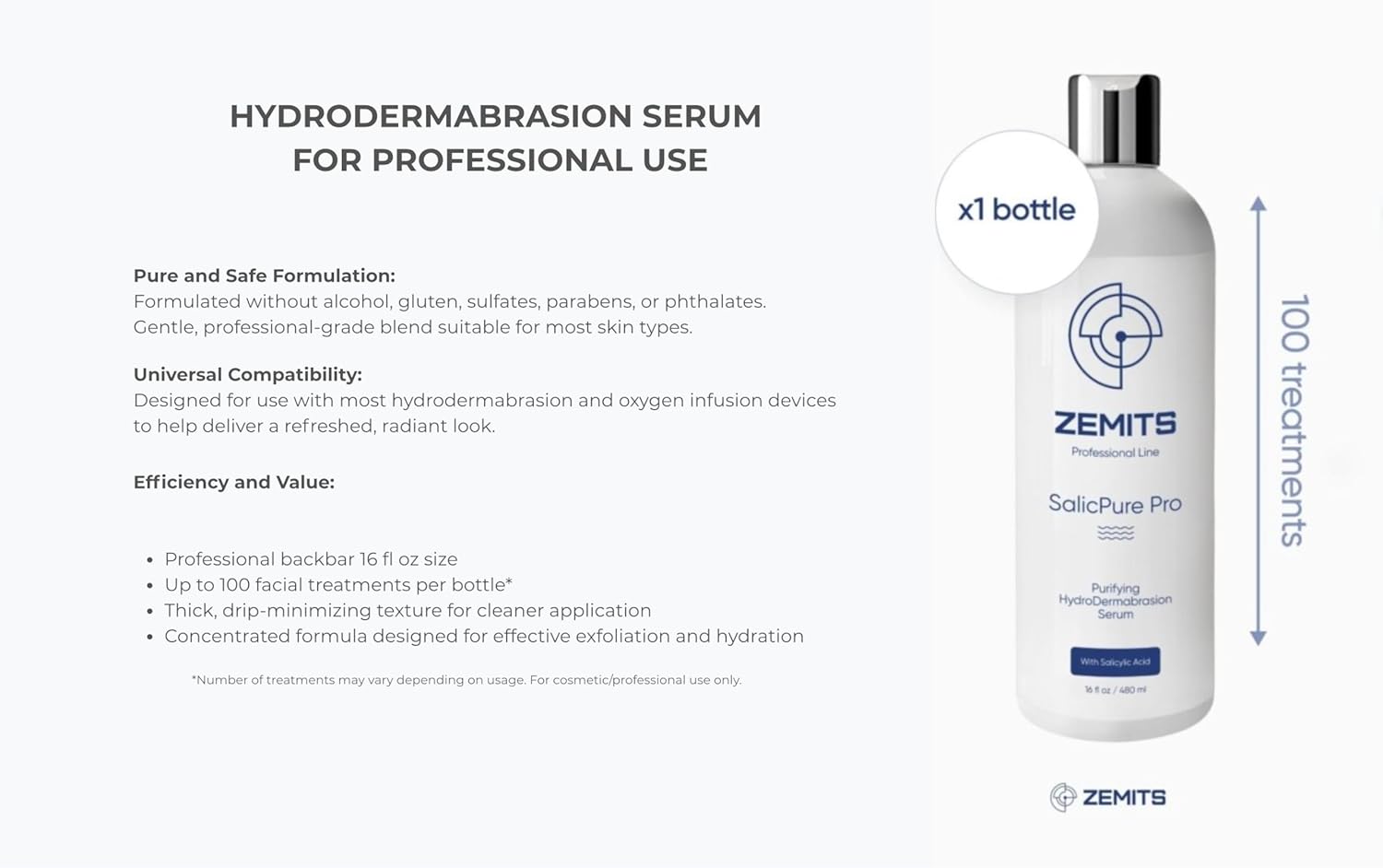 Zemits SalicPure Pro – Professional Salicylic Acid Exfoliating Solution for Hydrodermabrasion Machines – Gentle Deep-Clean for Smooth, Refreshed Skin – 16 fl oz (473 ml)