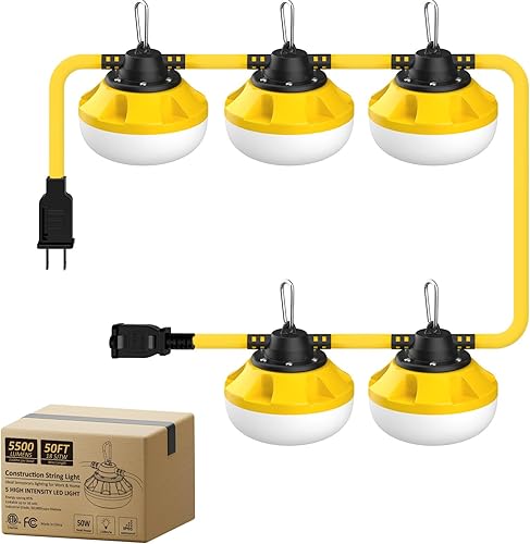 Guntsous Cadena de luces LED de construcción de 50 pies, 50 W, 5500 lm, 5 enchufes, enlazable hasta 16 juegos, luz de trabajo temporal para taller