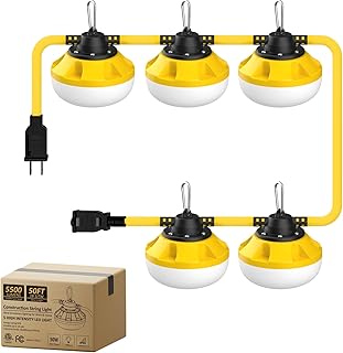 50FT LED Construction String Lights, 50W 5500LM, 5 Sockets, Linkable Up to 16 Sets,Temporary Work Light for Job Site Workshop