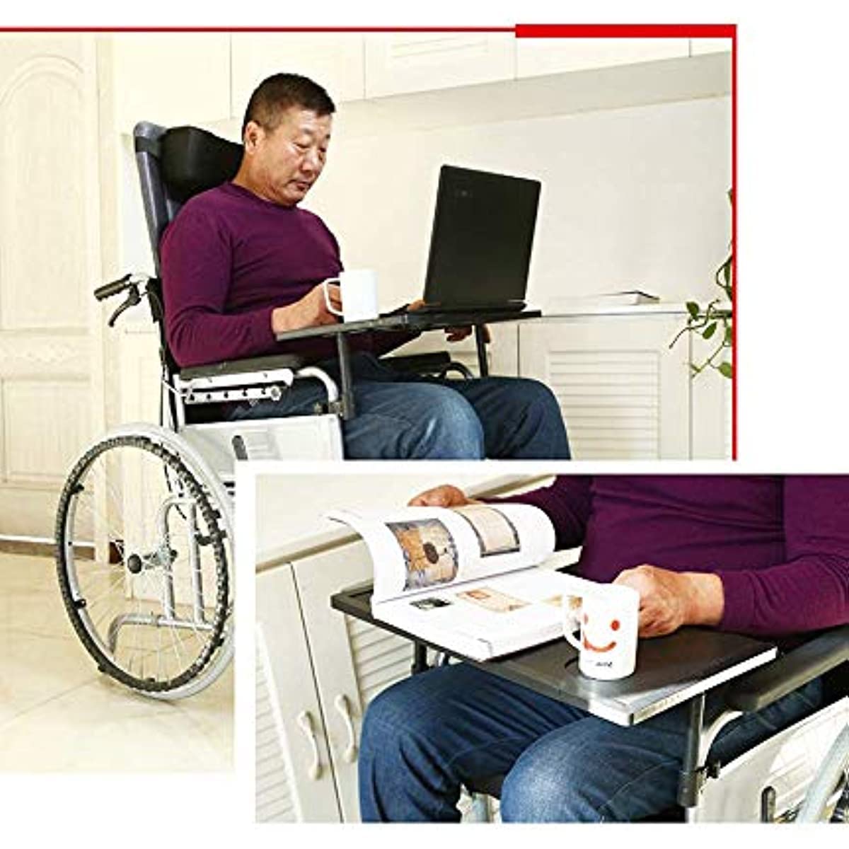 Mesas de silla de ruedas de plástico antideslizante para escribir, leer y comer, con barandillas estándar conectadas y sillas de ruedas de escritorio (para sillas de ruedas de 16 - 18 pulgadas)