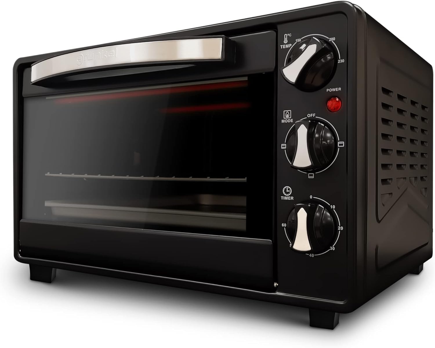 Grunkel - Horno eléctrico multifunción de sobremesa de 23l con 3 funciones de calor y selector de temperatura hasta 230°C. Temporizador hasta 60 min - 1600W (Negro) (HR-23HN)