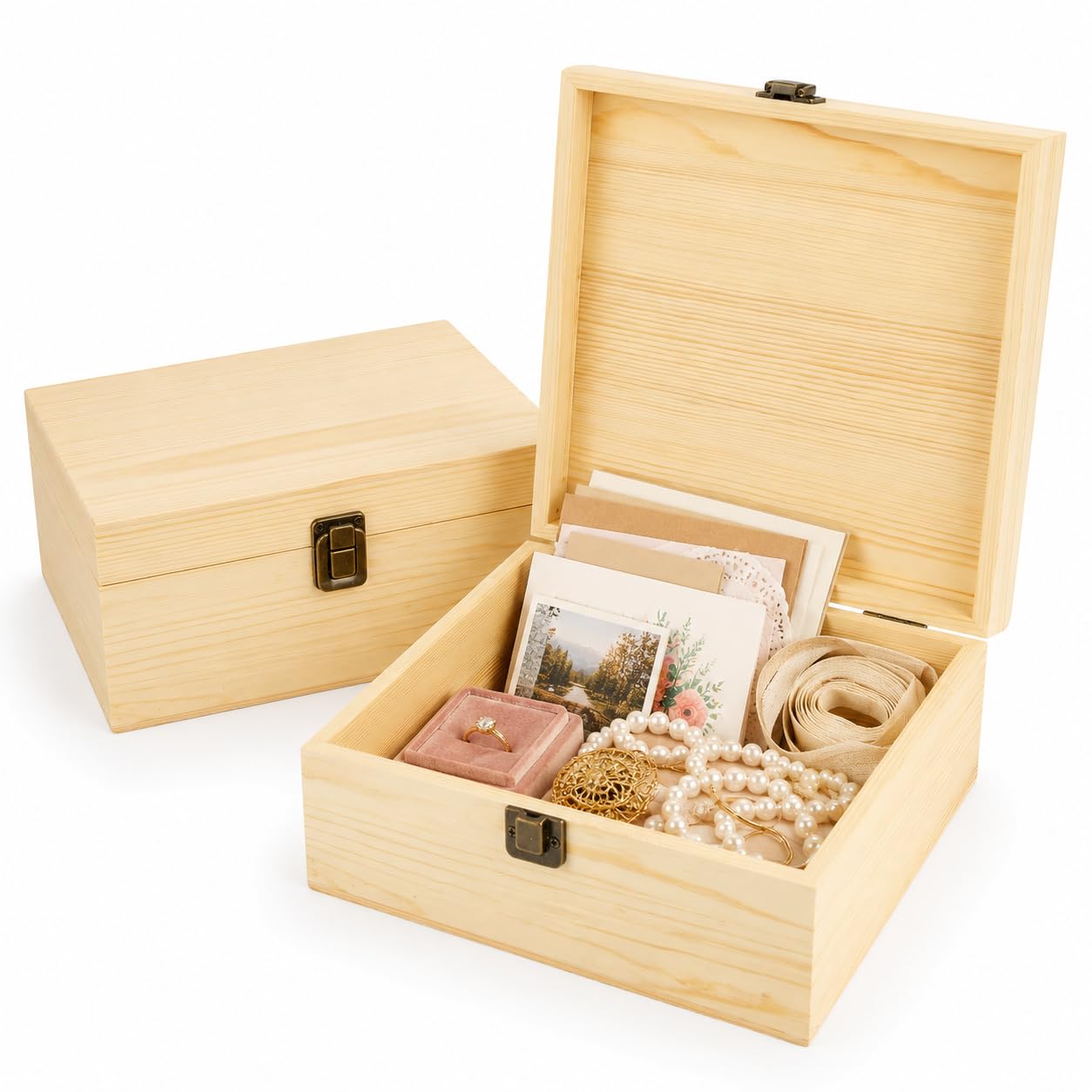 Boîtes en bois brut avec couvercle par 2 pour rangement maison