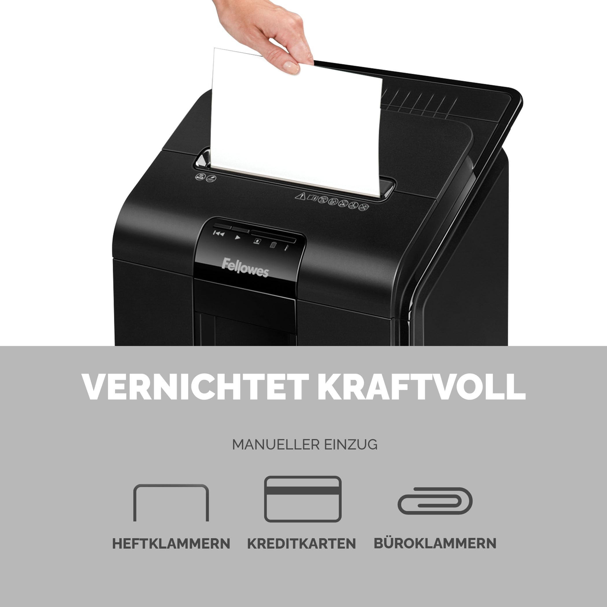 Fellowes Aktenvernichter Autofeed, 100 Blatt Minicut (P4), Papierschredder Hybrid mit automatischem und manuellem Einzug für Büro, AutoMax 100M Schredder, sehr leiser Aktenvernichter, 23L Papierkorb