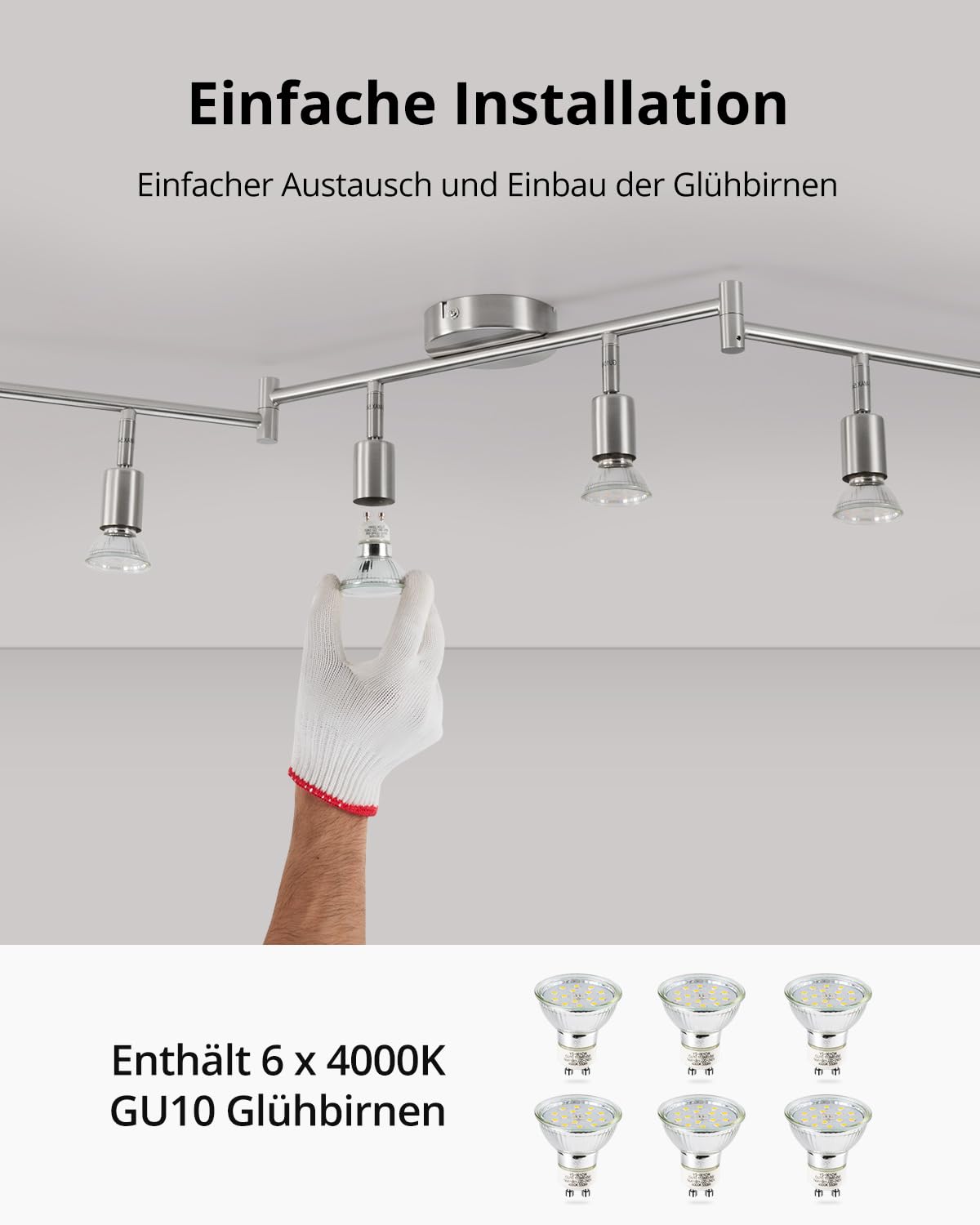 BOJIM Drehbare Küchendeckenleuchte, verstellbare Schlafzimmerstrahler, Nickel LED Schienenbeleuchtung, 6 Wege Deckenlampe innen, 6 GU10 Glühbirnen, 6W 4000K für Wohnzimmer, Fitnessstudio, Büro