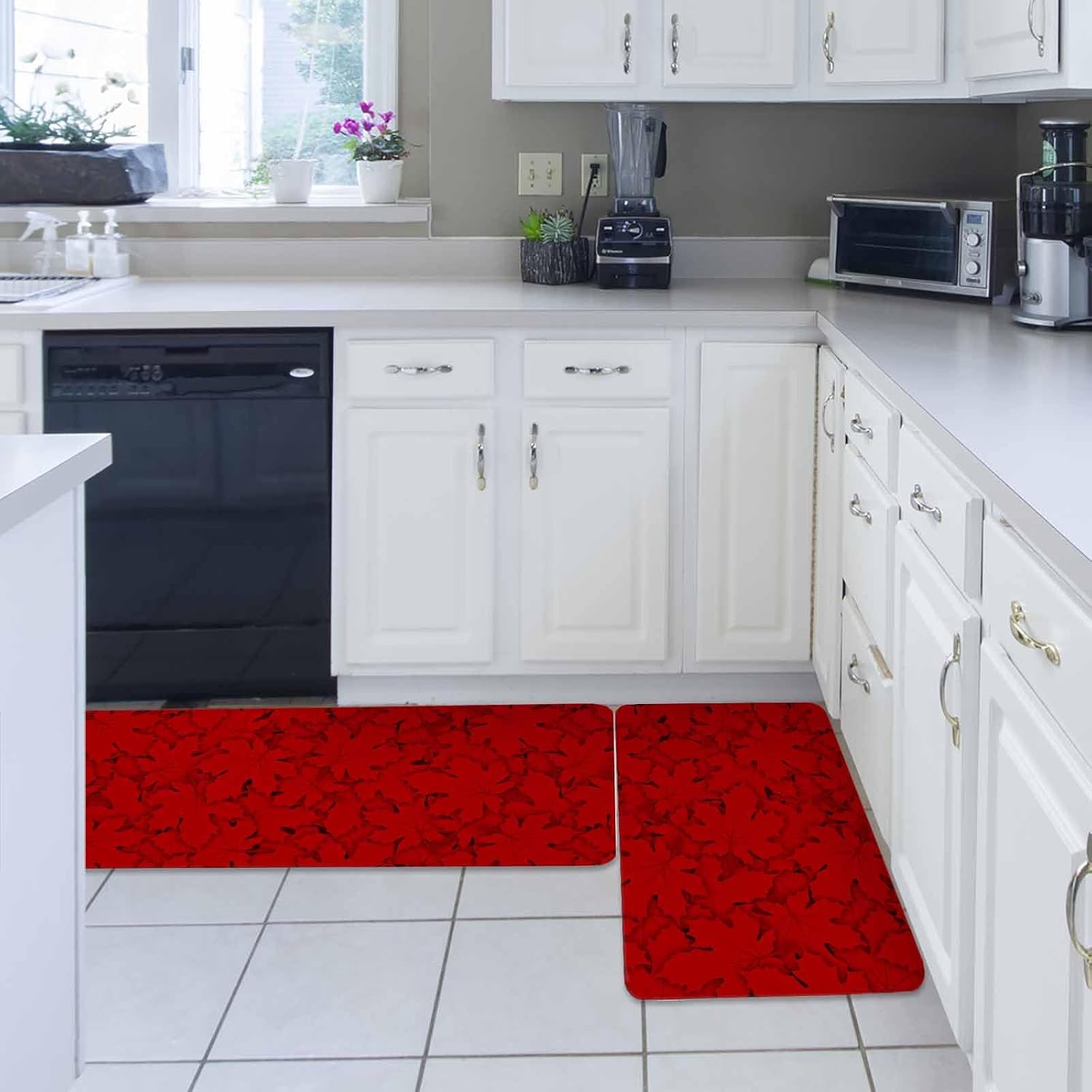 Red Canada Maple Kitchen Rugs and Mats Set of 2, Non-Slip Kitchen Sink Mat, Farmhouse Maple Leaves Abstract Art Washable Doormat Bathroom Rugs Runner for Bedroom/Living Room 23.6"x35.4"+23.6"x70.9"