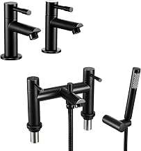 Wasserrhythm Basin Taps Pair and Bath Filler Tap with Shower Set Twin Bathroom Sink Taps Tub Taps with Shower Head Set Black Stainless Steel Lead-Free Faucets Traditional 2PCs Tap 1/4 Turn Lever