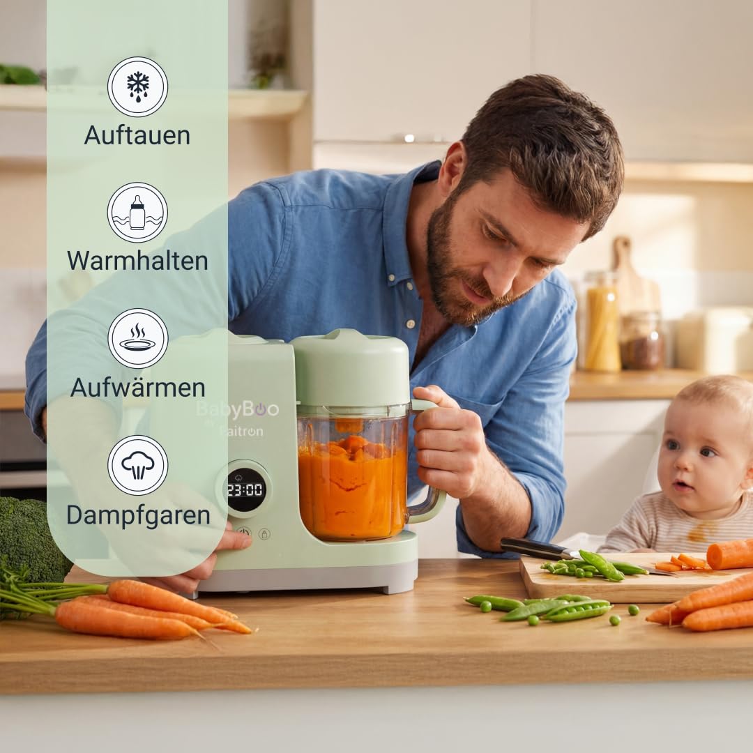 BabyBoo Babynahrungszubereiter 7-in-1, Dampfgarer & Mixer, 300W, Edelstahlkorb, Tritan-Behälter, Digitaldisplay