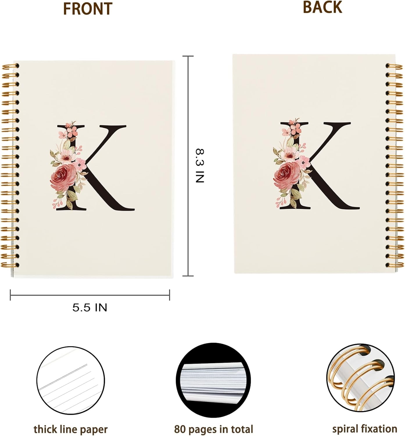 OXW Personalized Initial Letter K Notebook Journal, Custom Notebook for School Girls, Personalized Monogrammed Gifts for Women, Customized Gifts, Monogram Gifts, Hardcover Spiral Notebook 5.5 x 8.3 - Image 4