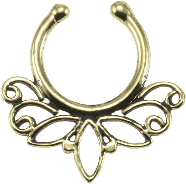 Brass Tribal Lotus Design Fake Septum Ring - 7mm (0.3") Inner Hoop with Adjustable Opening