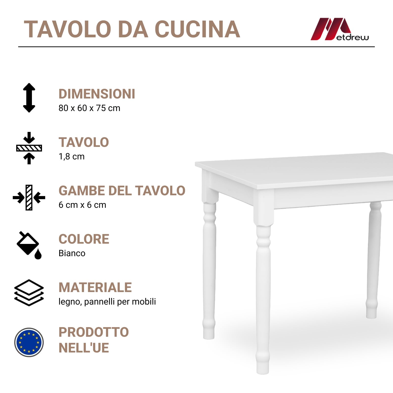 Tavolo da Pranzo in Legno 80x60 cm per 2 Persone - Tavolo Cucina Piccolo Stile Scandinavo - Pino - Piano Bianco