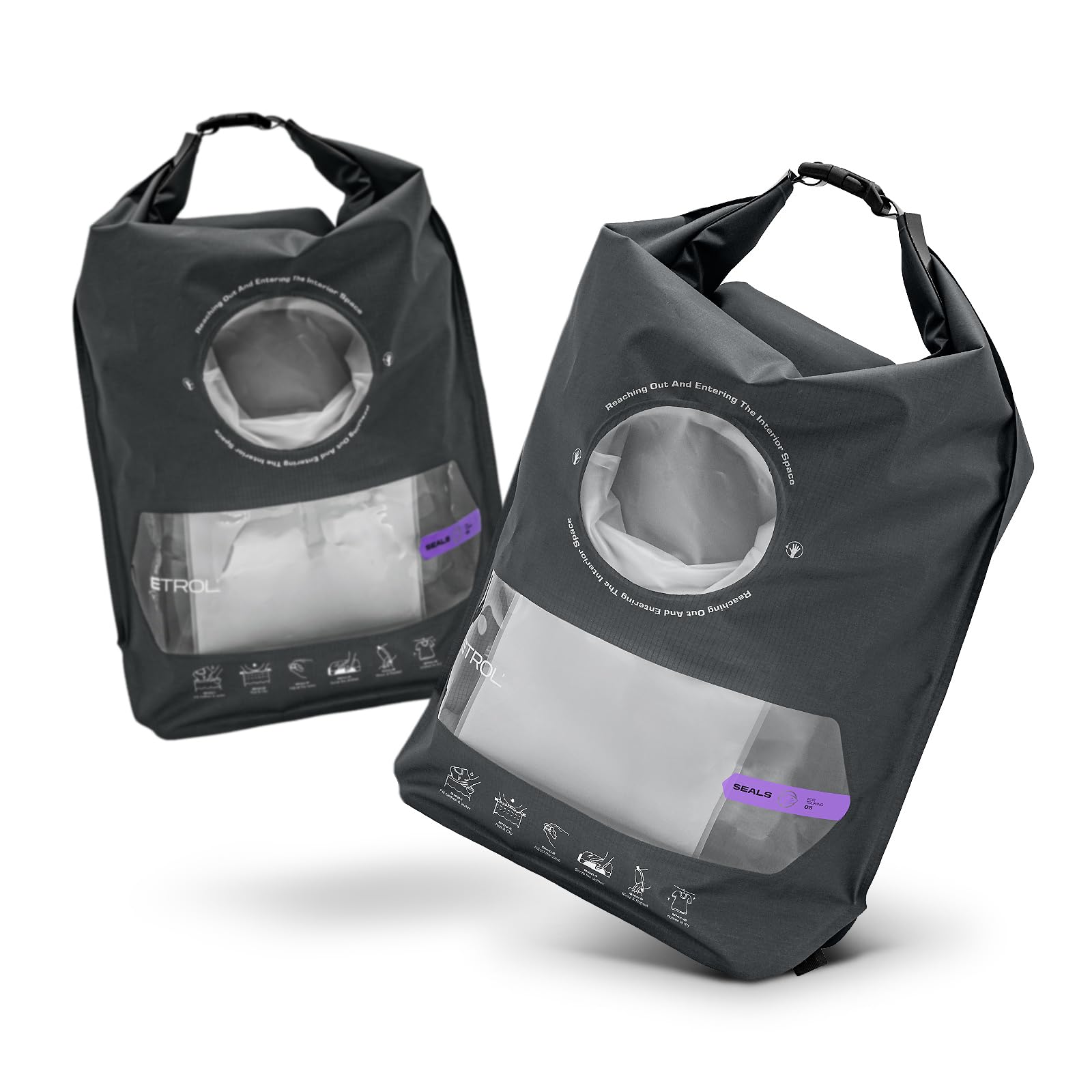 ETROL Wash Bag Portable Washing Machine, Lightweight Manual Washing Machine for Travel, Camping, Laundry, Baby Clothes, Non-Electric, With Bottom Water Outlet and Compartment - L, Gray，2PCS