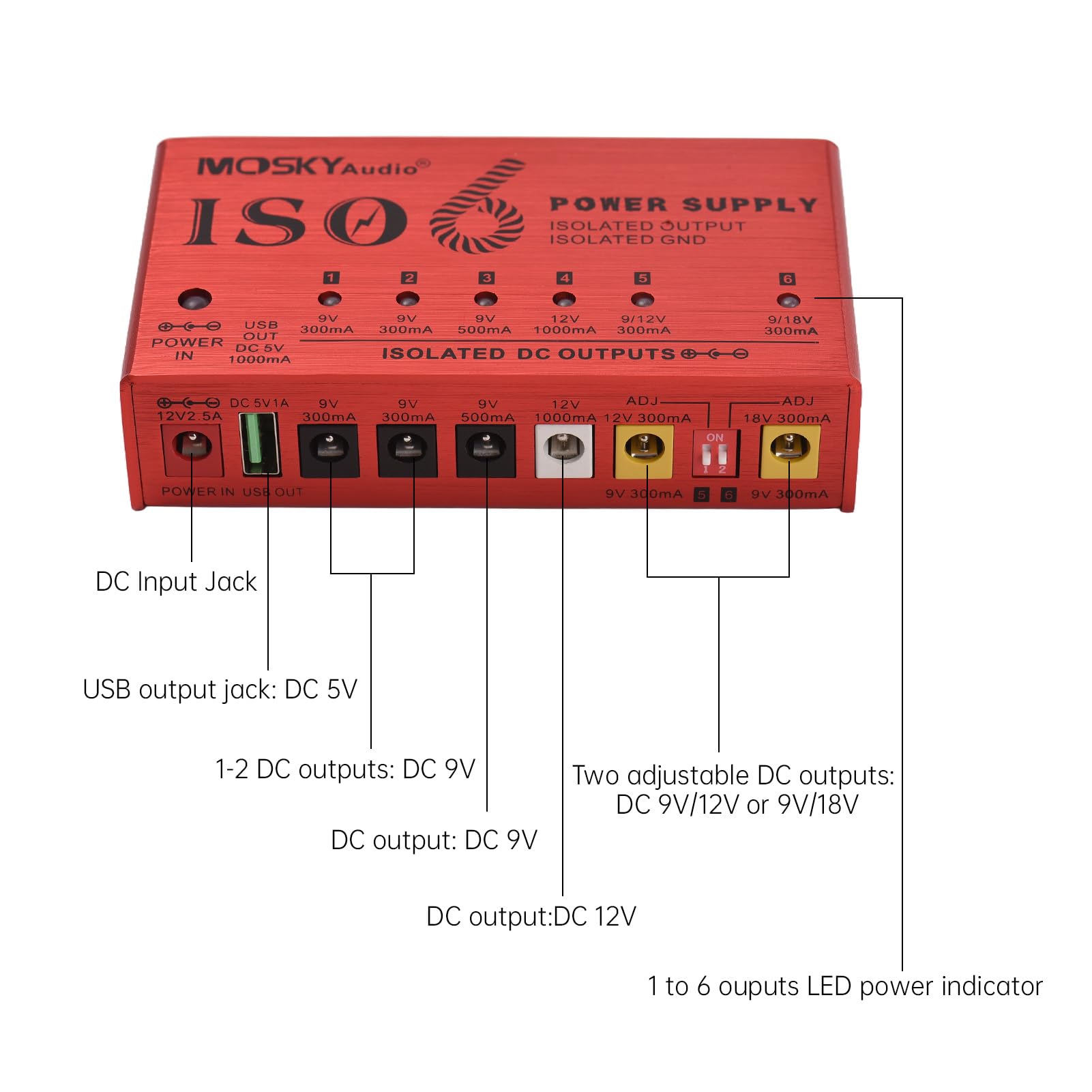 Alimentatore per Strumenti Musicali a 7 canali con Protezione da cortocircuito Indicatore di Alimentazione a LED 6 uscite CC e 1 Uscita USB per Pedale Effetto Chitarra Altri