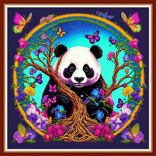 Image of Dimensean Stamped Cross Stitch Kits Full Range of Embroidery Patterns Starter Kits for Beginners Adult DIY Cross Stitches Needlepoint Kits 11CT-Panda Flower 17.7x17.7 inch