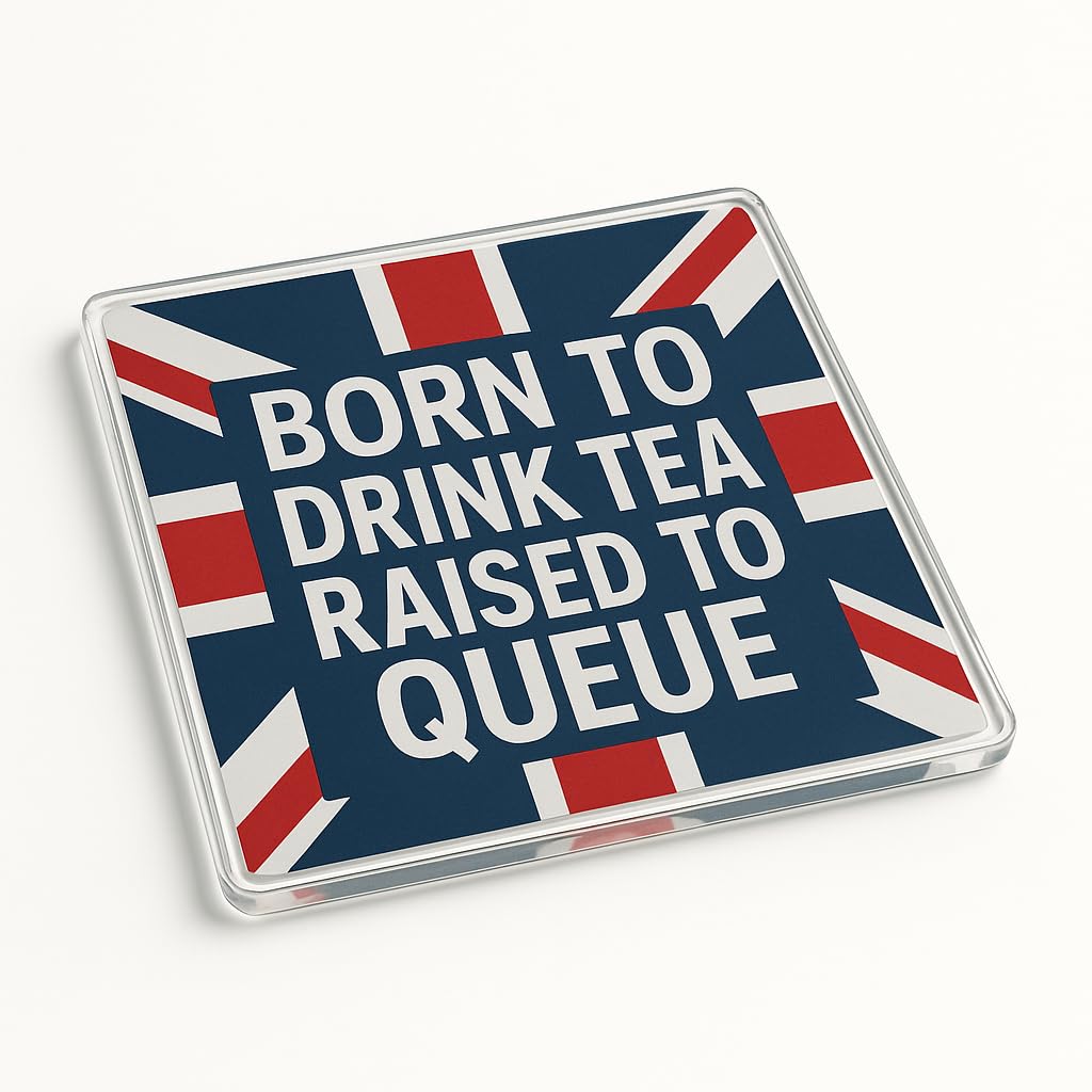 The Plum Penguin Queue For Tea Unique Acrylic Coaster Gift - Humorous British Design With Union Jack Theme For Tea Lovers