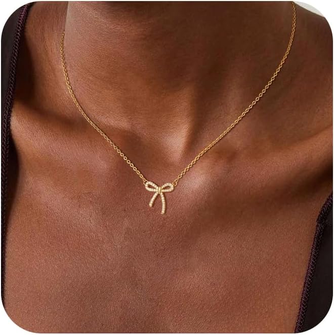 Risamil 14K Gold Plated Necklace for Women - Bow Necklace - Dainty Necklace Cute Small Tiny Bow Pendant Choker Chain Necklace Trendy Necklaces for Women Jewelry Gift