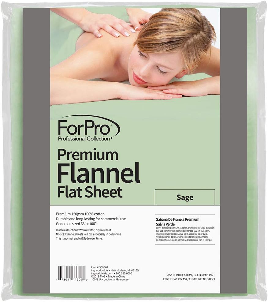 ForPro Professional Collection Premium Flannel Flat Sheet for Massage Tables, Ultra-Light, Stain and Wrinkle-Resistant, 63" W x 100" L, Sage