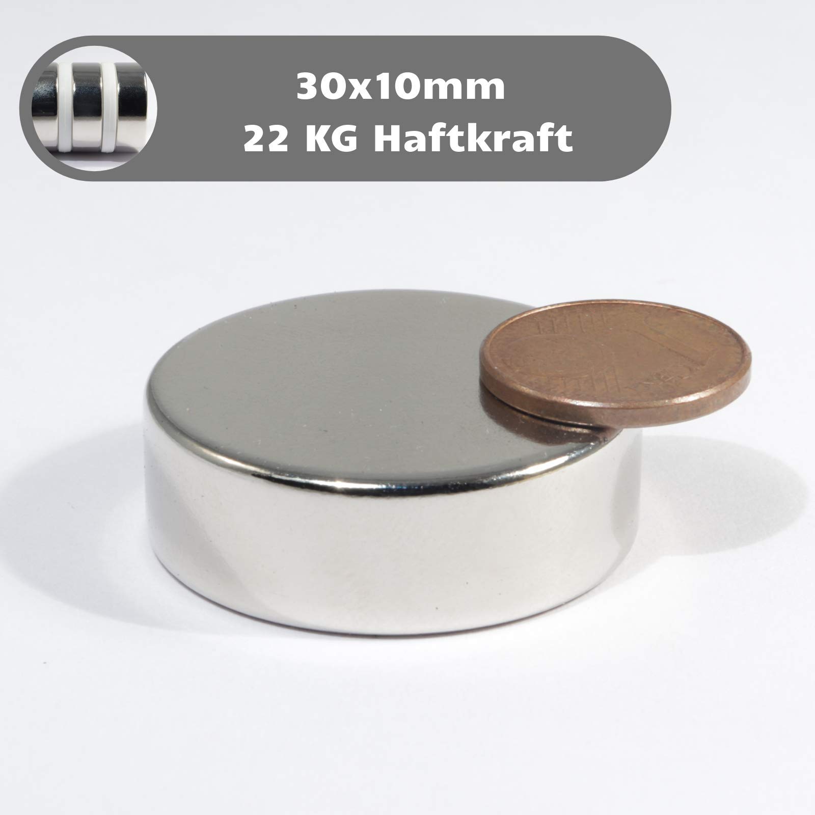 Lot de 5 disques magnétiques en néodyme - 30 x 10 mm - 22 kg - Très puissants - Diamètre : 30 mm - Aimants ronds en néodyme