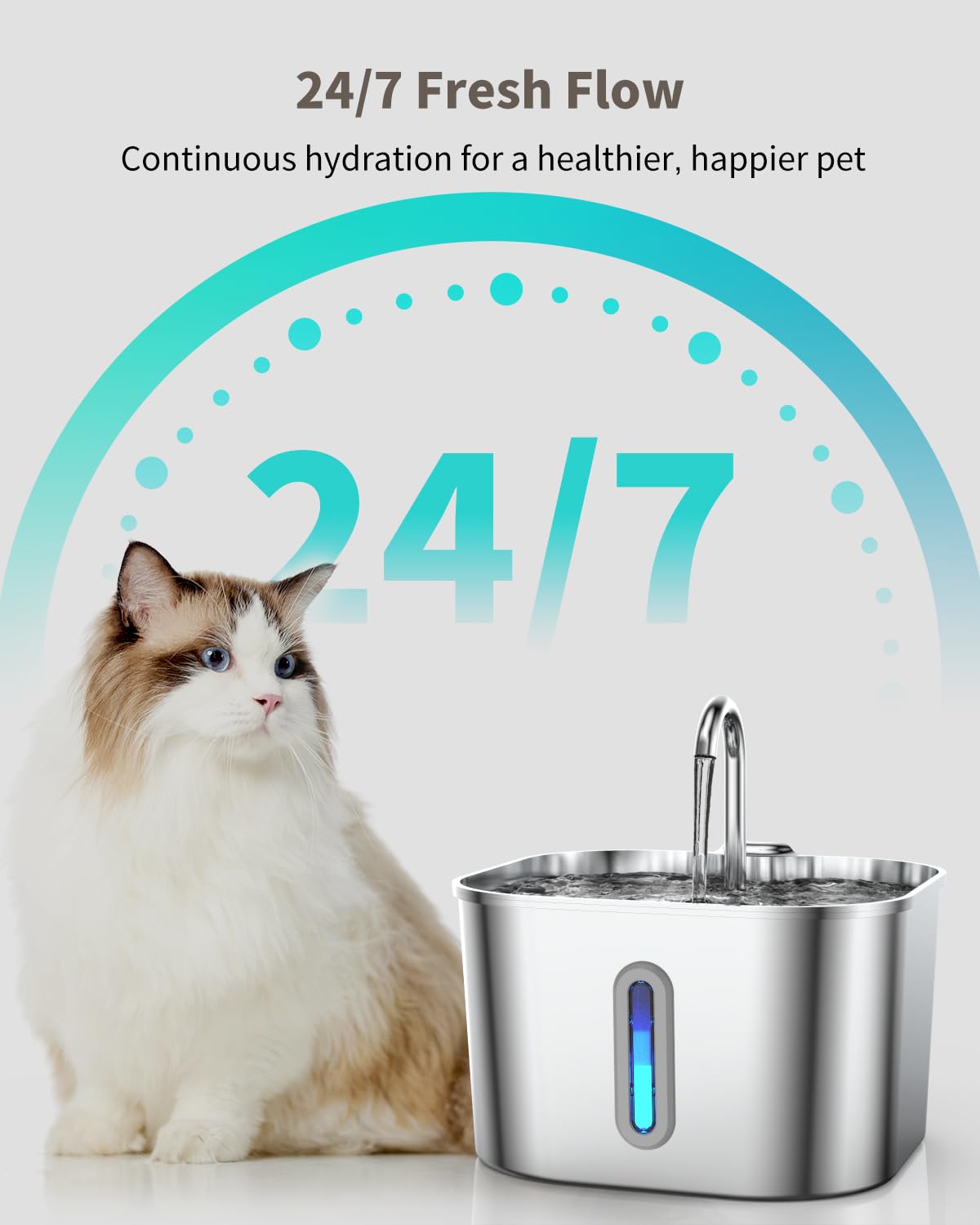 Fuente de agua para gatos de acero inoxidable, 74 onzas/2.2 L fuente para gatos con bomba silenciosa, dispensador automático de agua para mascotas, ideal para hogares con múltiples mascotas, agua