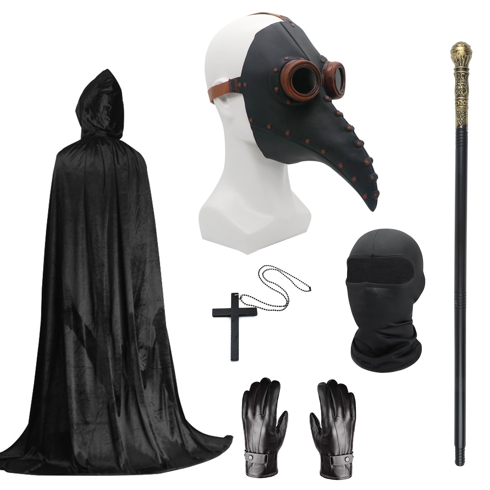 Plague Doctor Costume Set, Halloween Mask Long Nose Beak Mask Black with Black Hooded Cloak Cross Necklace Gloves Cane Full Face Mask for Halloween Party, Punk Carnival, Masquerade