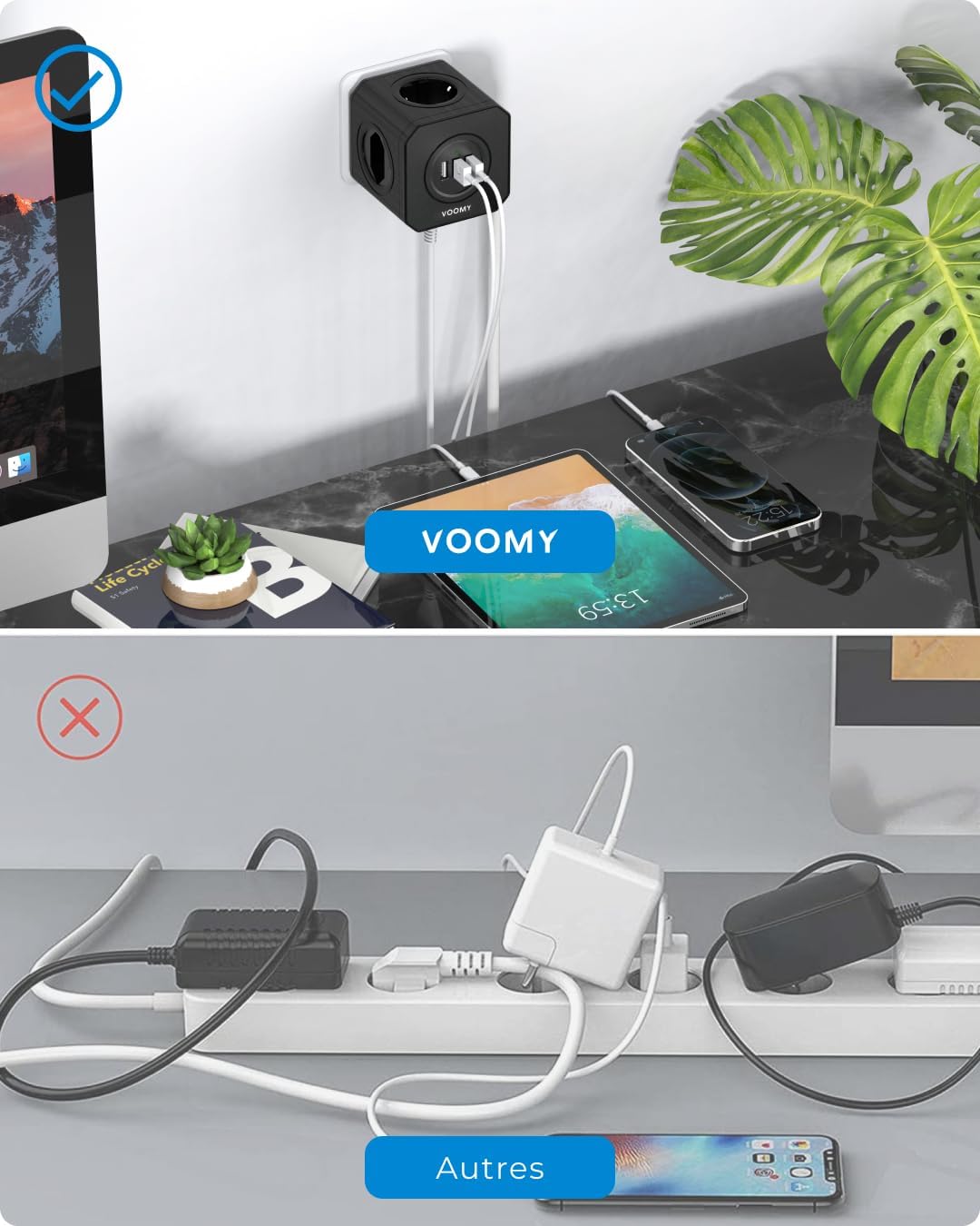 Comparison of VOOMY cube power strip vs traditional power strip, showing space saving
