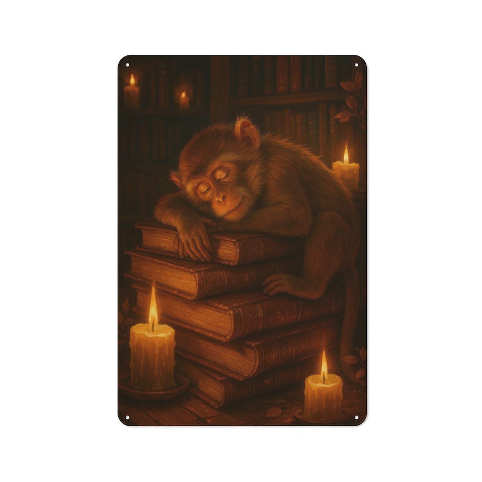 Junmoney Style-14 Retro Sleeping Monkey On Books With Candles Metal Gift Sign 30X20cm, Home Wall Decor For Flat, Dorm Room, Lounge Or Cafe
