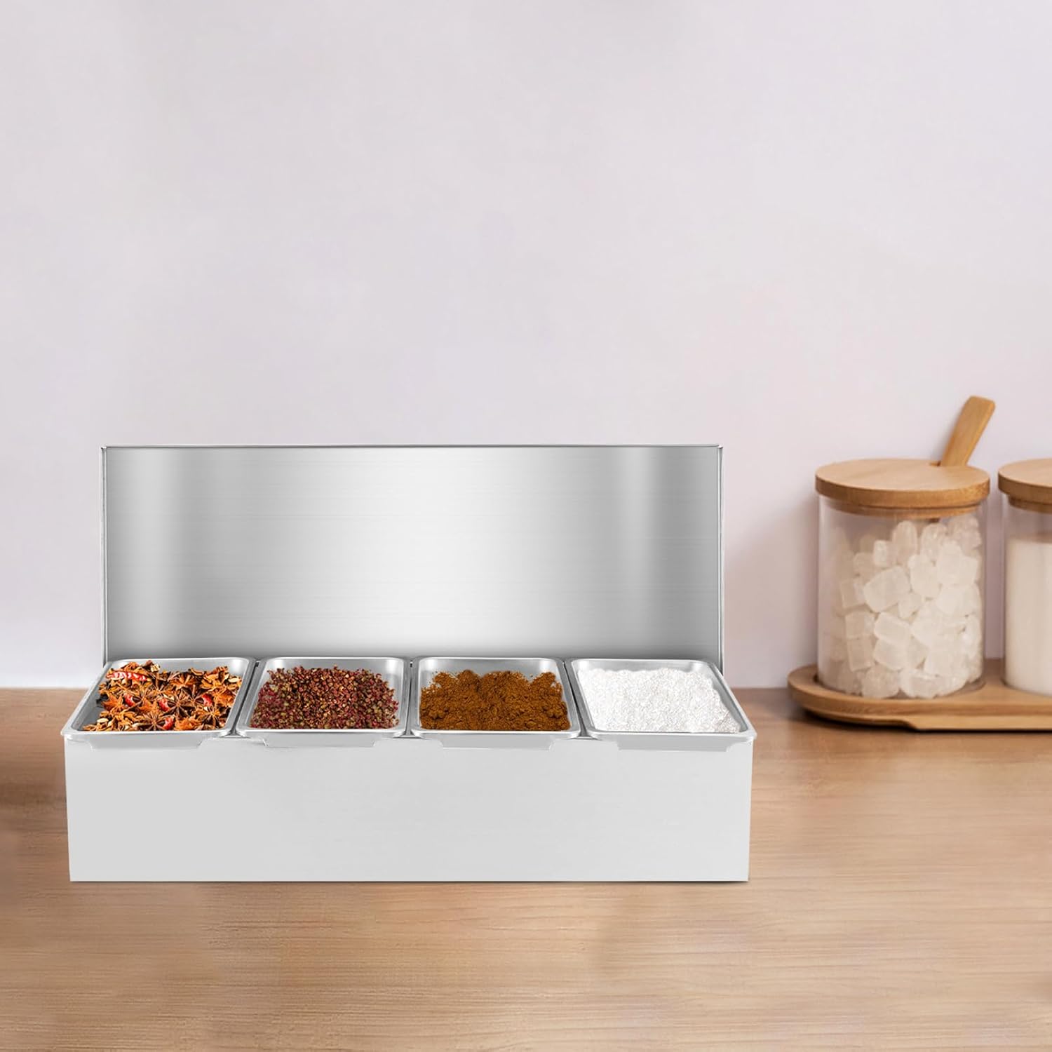 4 Slot Condiment Carrier, Stainless Steel Holders, Bar Condiment Organizer with Lid and 4 Removable Compartment, Portable and Versatile for Kitchen, Outdoor BBQs and Parties