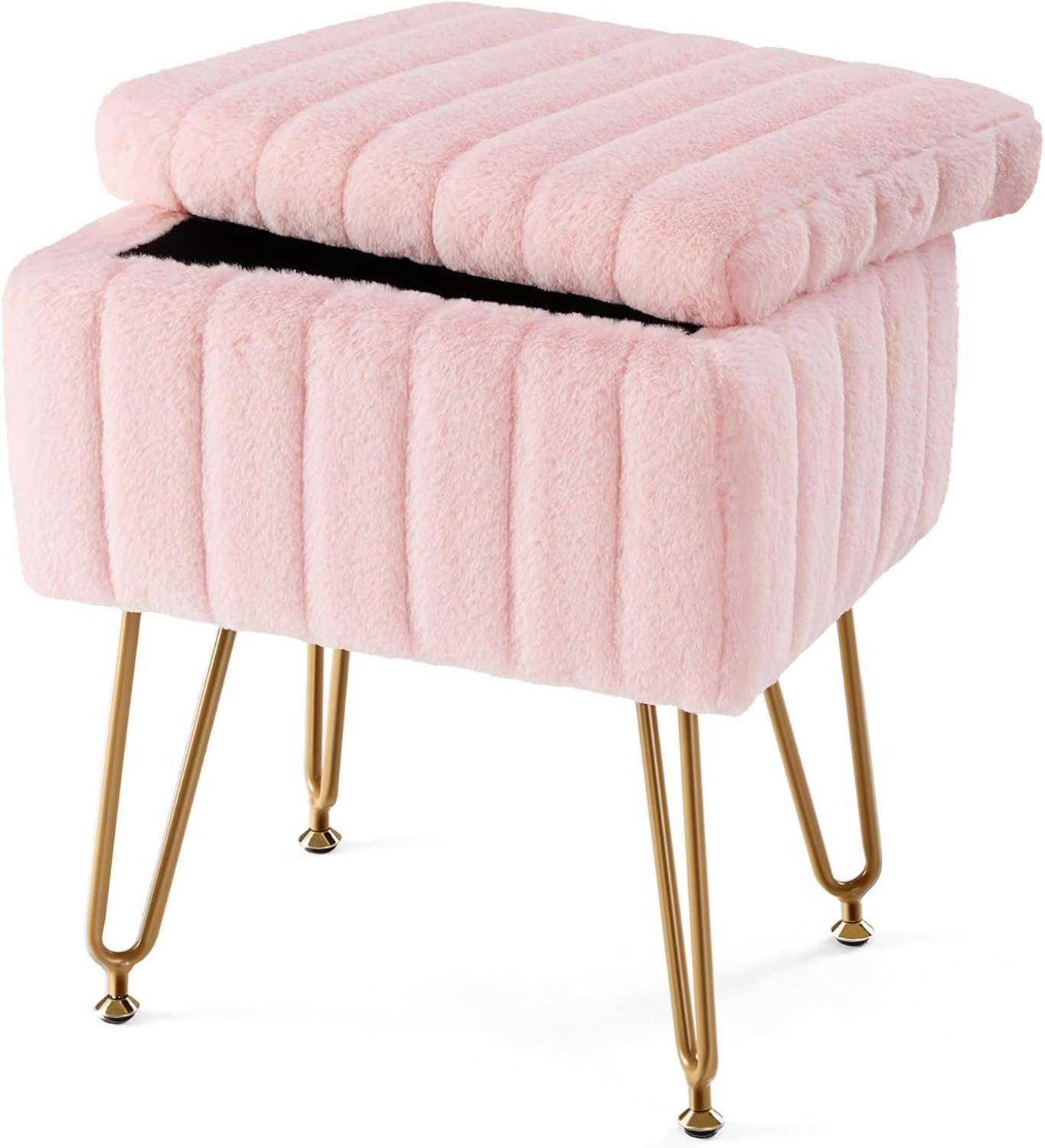 Sweetcrispy Pink Faux Fur Vanity Stool with Hidden Storage, 18.9"H Makeup Ottoman Chair, Soft Padded Seat, Adjustable Metal Legs 200lbs Capacity