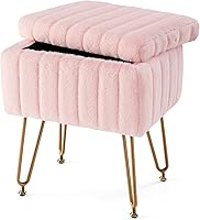 Sweetcrispy Pink Faux Fur Vanity Stool with Hidden Storage, 18.9"H Makeup Ottoman Chair, Soft Padded Seat, Adjustable Metal Legs 200lbs Capacity