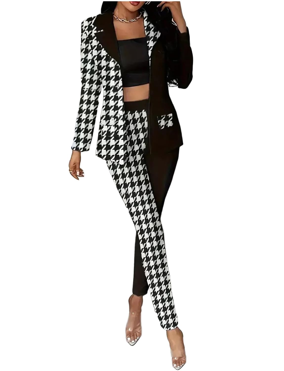 Womens Houndstooth Suit Two Pieces Formal Work Tuxedos Jacket and Pants for Party Meeting