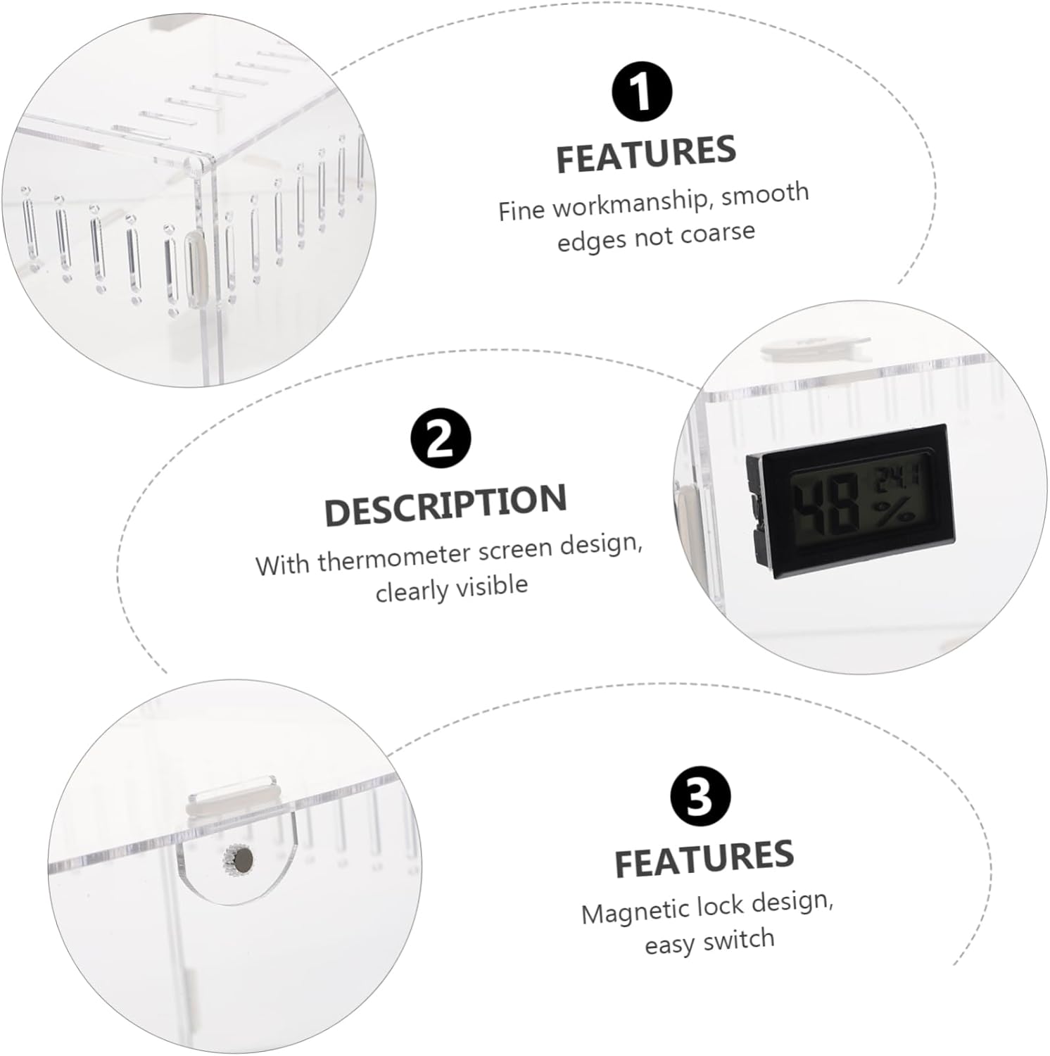Transparent Portable Reptile Cage with Hygrometer Feeding Box for Snakes Lizards and Small Pets Ventilated Escape Acrylic Terrarium for Outdoor Breeding and Observation