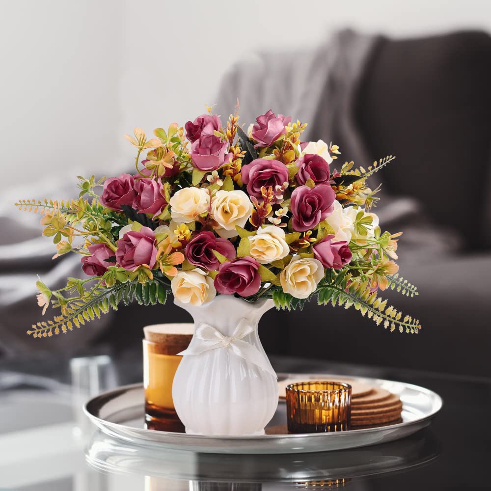 LESING Rosa artificiale in seta con vaso, fiori finti per matrimoni, bouquet di fiori, decorazione per casa, ufficio, feste, centrotavola, decorazione da tavolo (rosso viola-1)