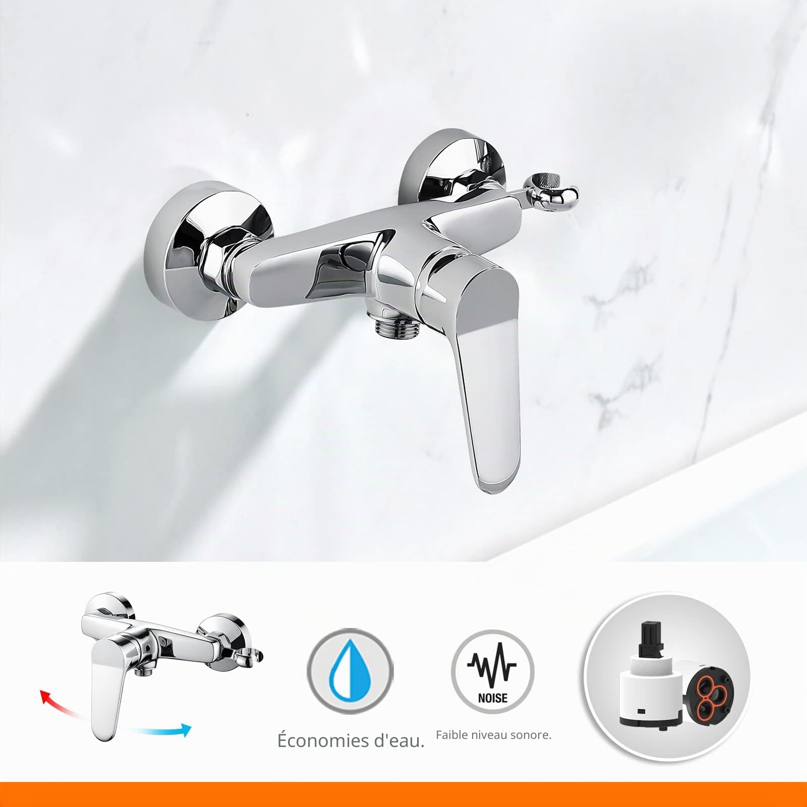Ibergrif M12059-1 Mitigeur monocommande Douche, Robinet Douche Universel Filetage G1/2, Mitigeur de Douche Mural avec Support de Douche, Laiton, Chromé