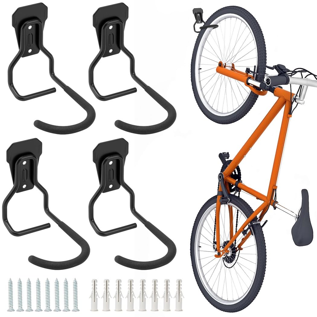 4er Set Fahrrad-Wandhaken, Wandhalterungen für Fahrräder mit Tragkraft von 77 bis 99 lb, vertikale Fahrradaufbewahrung für Garage, Schuppen und Eckbereiche, mit Montagematerial im Set