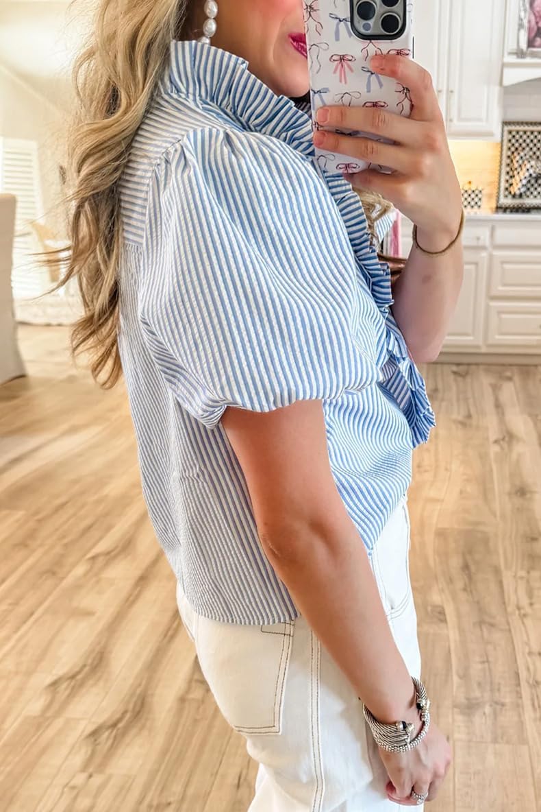 Womens Button Down Shirt Stand Collar Ruffle Top Striped Long Sleeve Shirts Work Tops for Women Trendy - Image 2