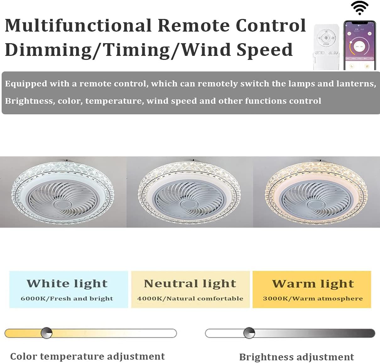 YUEGOO Ceiling Fan with Light and Remote Control Crystal Silence 3 Speeds Bedroom Led Dimmable Ultra-Thin Fan Ceiling Light Mute 72W Modern Living Room Quiet Ceiling Fan Light