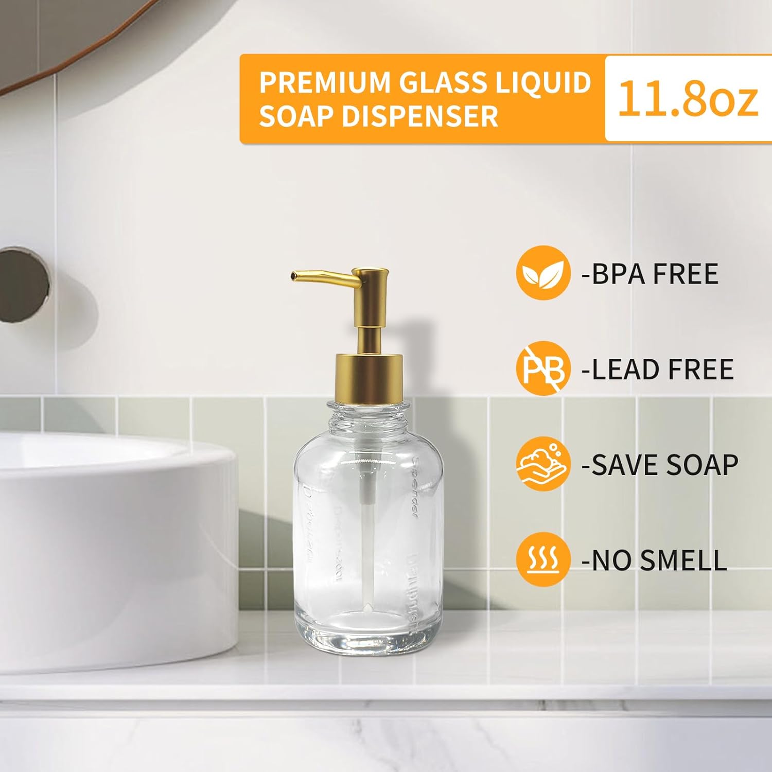 Glass Soap Dispenser Bathroom Kitchen11.8oz Refillable Liquid Soap Dispenser with Rust-Proof Plastic Pump - Image 4