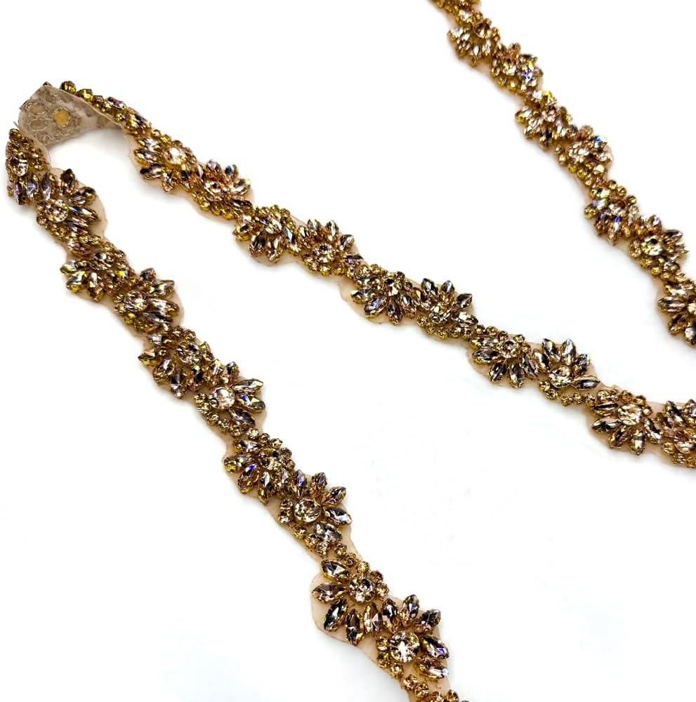 Iron on hotfix Hand-Made Beaded Trim,1 inch Wide 36 inch Lengh Rhinestones Chain,Rhinestone Trim by The Yard for Bridal Belt Hair wear Bag Shose Decoration Accessories (Champgane-B)