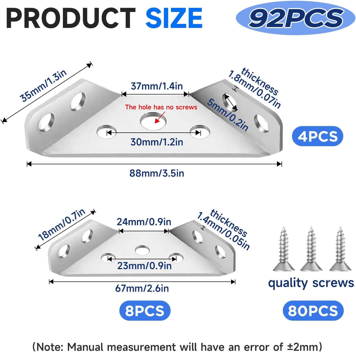 12Sets/92Pcs 2Sizes L Corner Brackets for Wood Hardware Angle Bracket Heavy Duty Universal Stainless Steel Corner Braces with Screws for Furniture Tables Chairs Cabinet Drawer YY031
