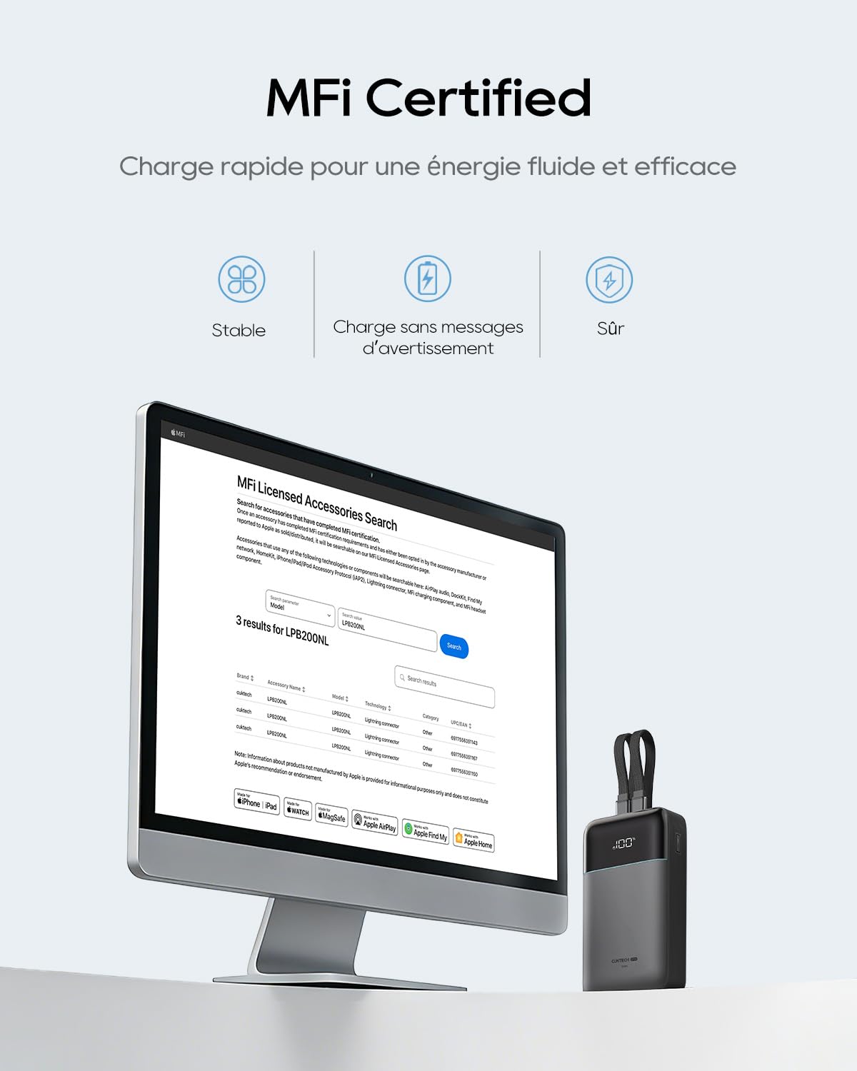 CUKTECH 40W 20000mAh Batterie Externe, Câble Intégré, Certifiée CCC & MFi