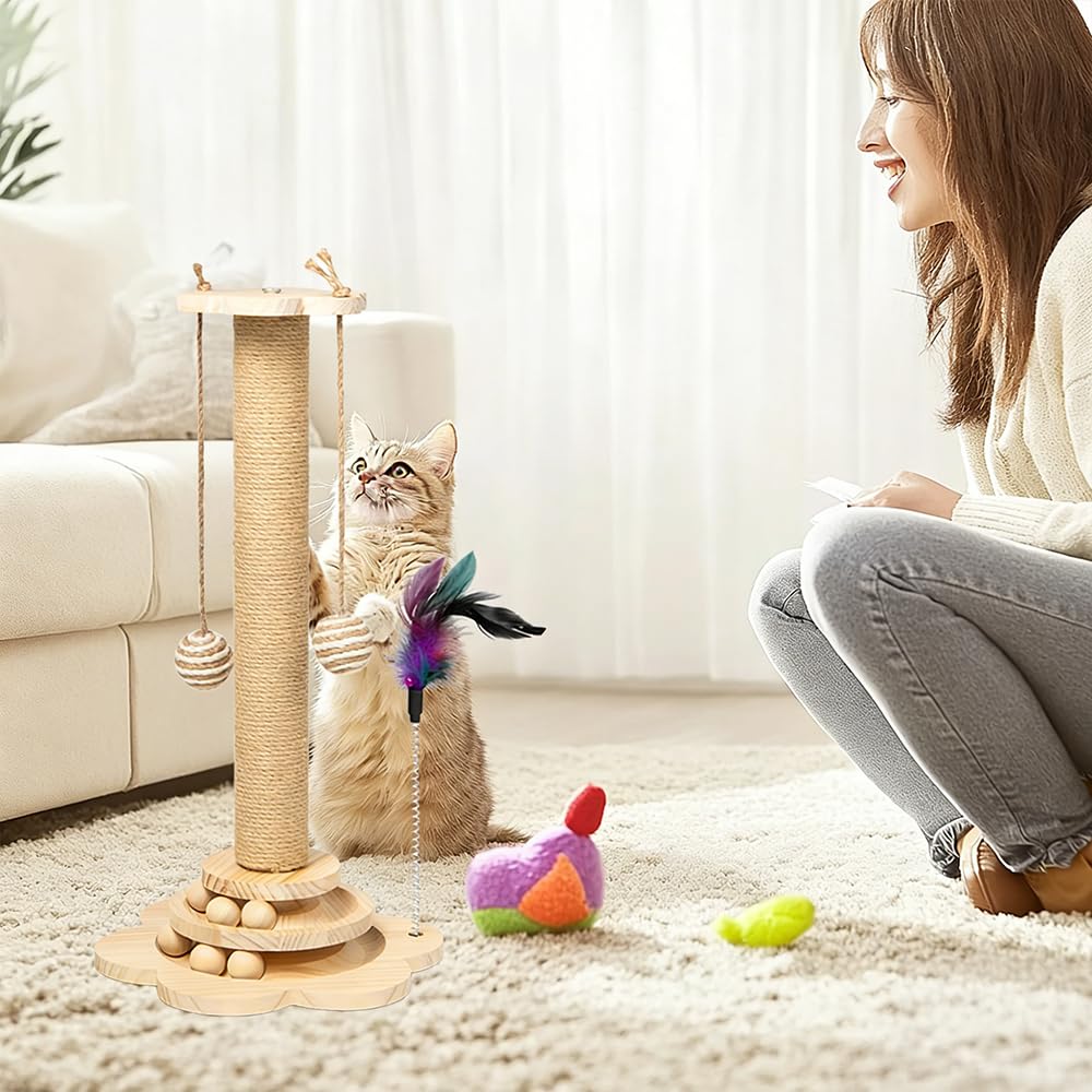 4 in 1 Tiragraffi per Gatti in Legno Albero Tiragraffi Gatto Colonna 50 x 25 cm Giocattolo Interattivo per Gatti 4 in 1 con Palline di Legno, Palla Sisal Pendente, Piume