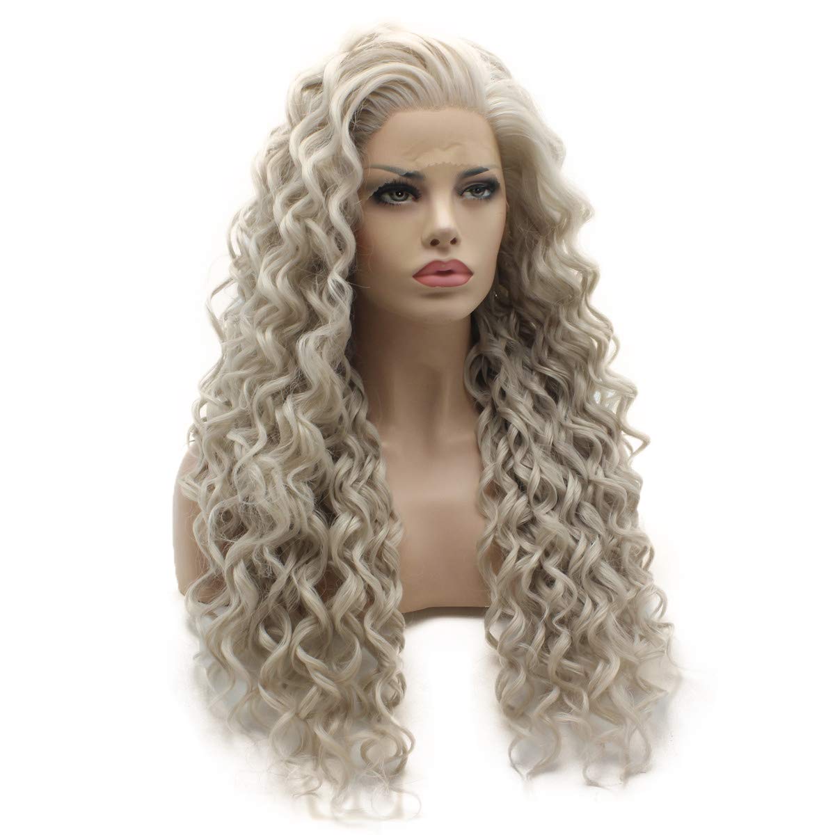 Lushy Long Curly Light Grey Wig Heavy Density Half Hand Tied Heat Resistant Synthetic Lace Front Wig
